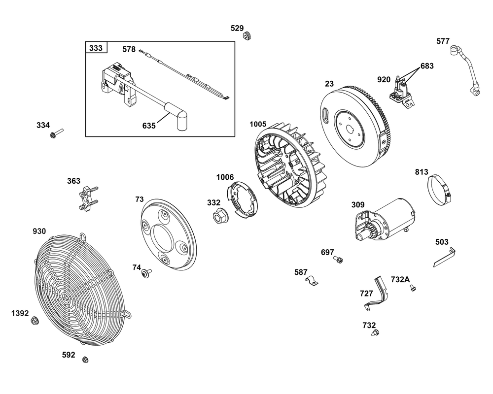 Flywheel, Ignition, And Starter Group Diagram and Parts List for 386447-0459-G1 200000 - 399999 Briggs and Stratton Engine